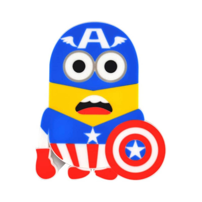 A custom moulded wireless charger in blue and yellow, shaped like a cartoon character with a shield.