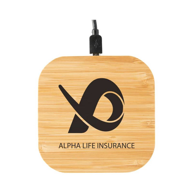 A bamboo wireless charger in a square shape, featuring a logo and a black finish.