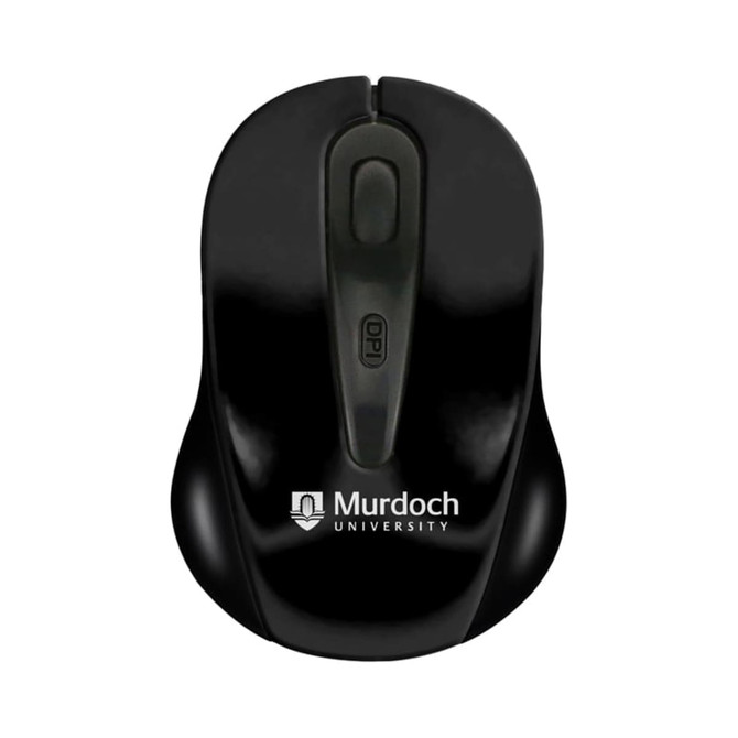 A wireless mouse in black, featuring a logo. The design is sleek with an ergonomic shape.