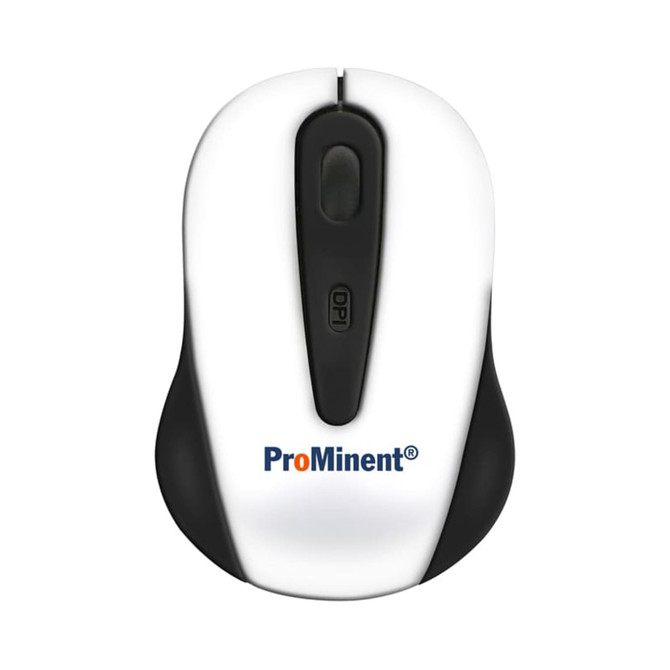 A wireless mouse featuring a white and black design, with a logo visible on the side.