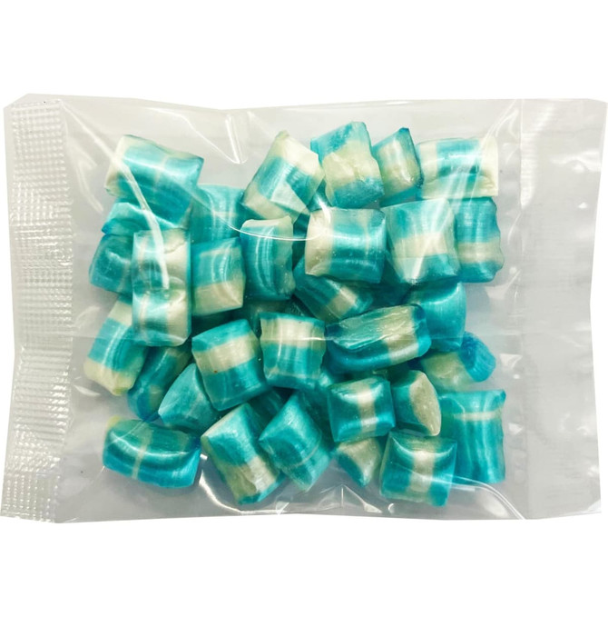 A clear bag filled with blue and white striped humbugs, each piece showcasing a vibrant swirl of colours.