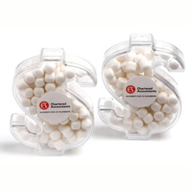 Acrylic dollar-shaped container filled with white mints, featuring a logo on the front.