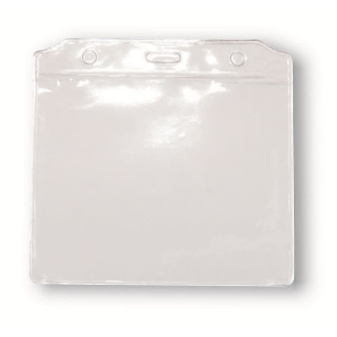 A clear PVC card holder with two holes for attachment, suitable for displaying ID cards or passes.