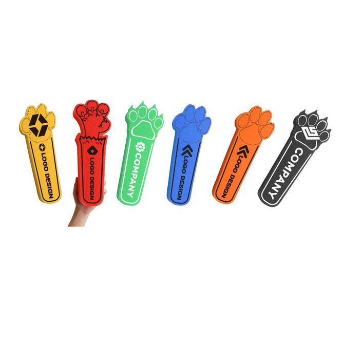 Six brightly coloured foam cheer sticks in various designs, featuring paw prints and logos, held by a hand.