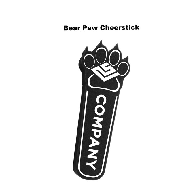 A black cheer stick in the shape of a bear paw, featuring a logo and text along its length.