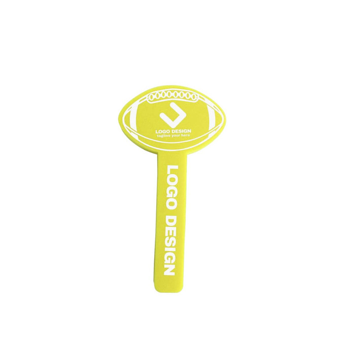 A bright yellow sponge ball cheer stick featuring a rugby ball shape and a logo design.
