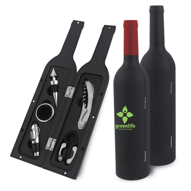 A drink bottle shaped set in black with a red top, containing a corkscrew, pourer, and stopper. Includes a logo.