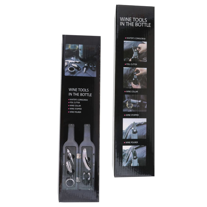A drink bottle containing wine tools, including a corkscrew, foil cutter, wine collar, stopper, and pourer. Features a sleek black design.