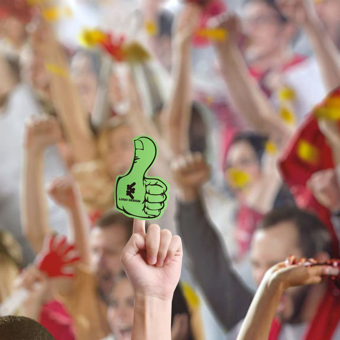 A green foam mitt shaped like a thumbs-up is held up against a crowd of cheering fans.