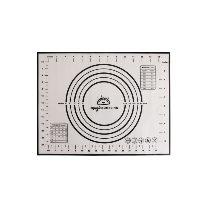 A silicone pastry mat in white with black measurement markings and circles, featuring a logo in one corner.