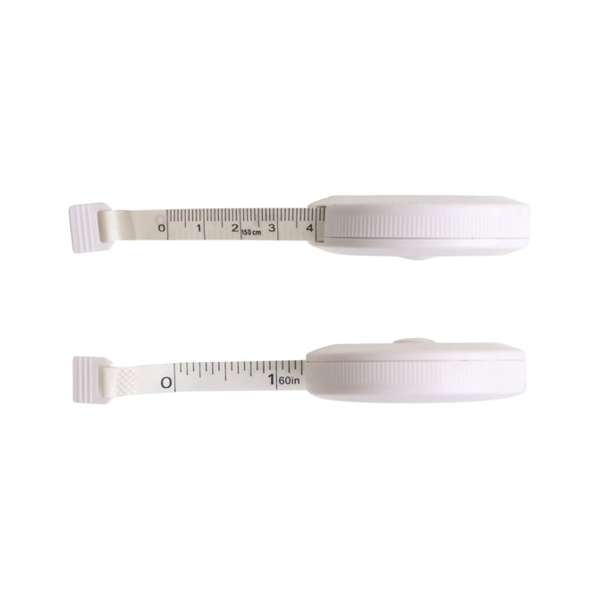A round white tape measure, displaying measurements in centimetres and inches, with a retractable mechanism.