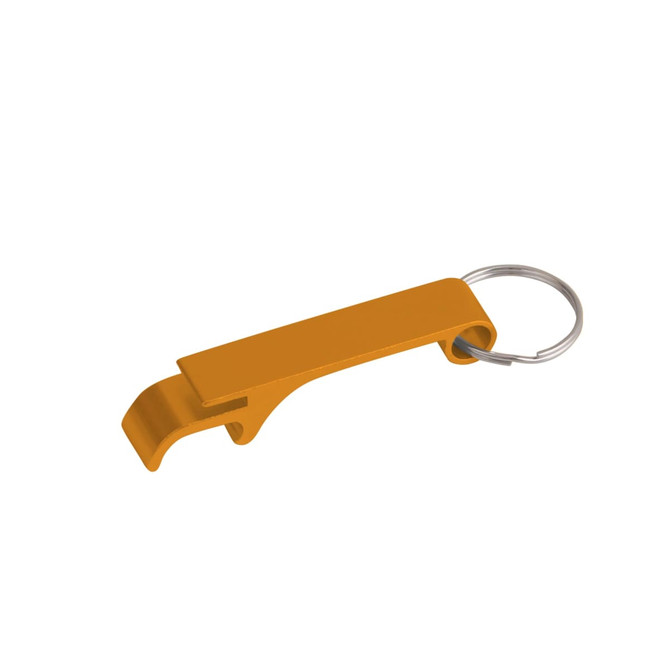 An orange aluminium keyring bottle opener with a keychain attachment. It has a simple, sleek design.