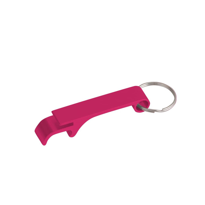 A pink aluminium keyring bottle opener with a silver keyring attachment. It features a simple, sleek design.
