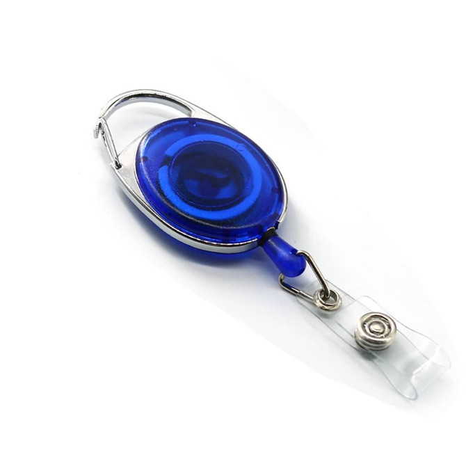 A blue retractable oval card holder with a silver clip and a clear plastic attachment.