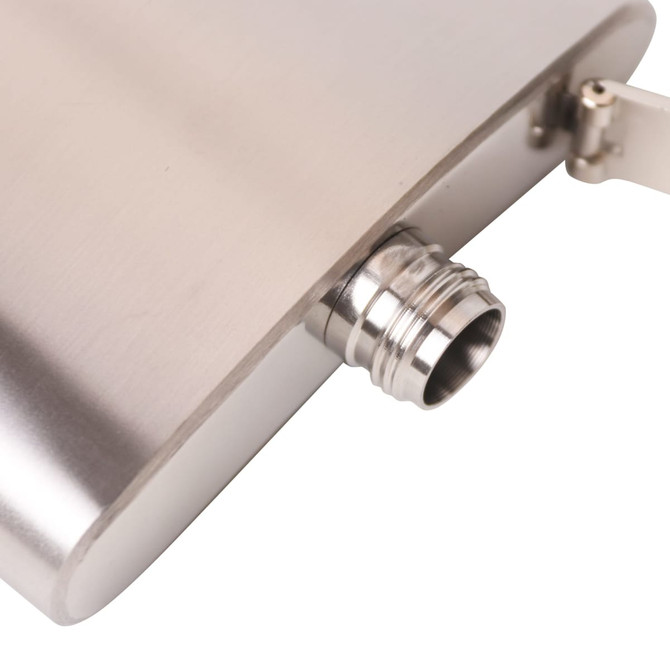 A stainless steel hip flask with a polished silver finish and a screw-on cap. It features a small logo on the side.