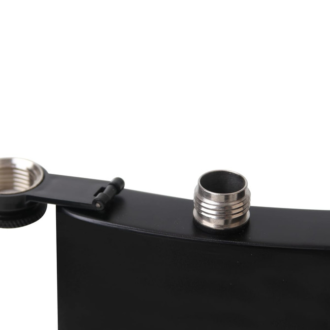 A black stainless steel hip flask with a screw cap and hinged lid, featuring a silver accent.