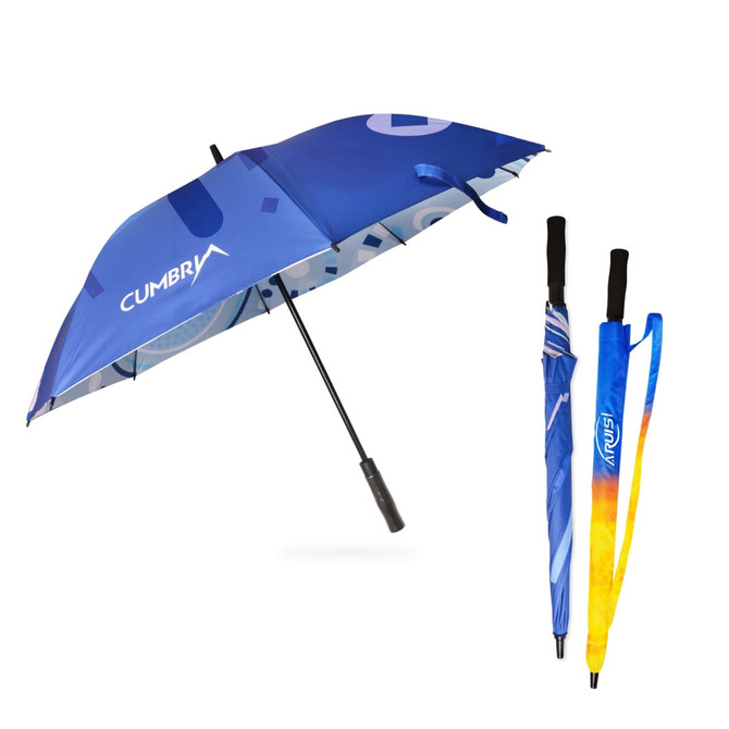 A full colour golf umbrella in blue with a logo, alongside two compact umbrellas in vibrant colours.
