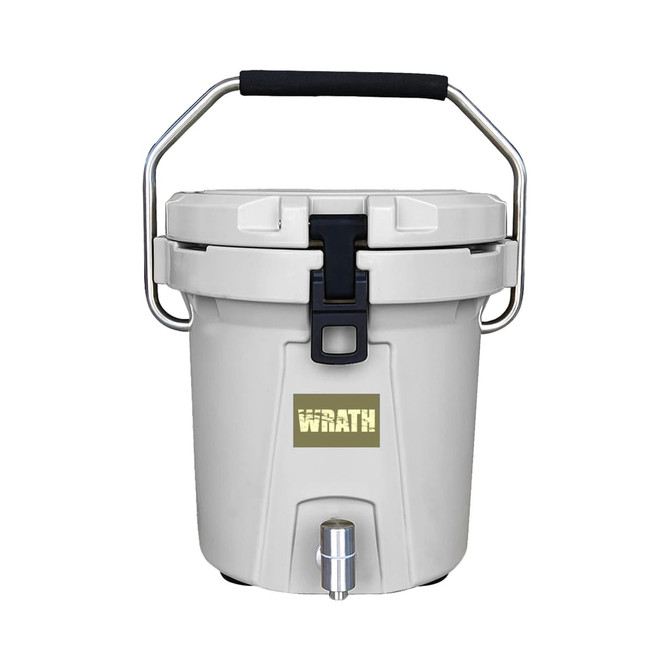 A grey ice bucket with a black handle and a metal tap at the bottom, featuring a logo on the front.