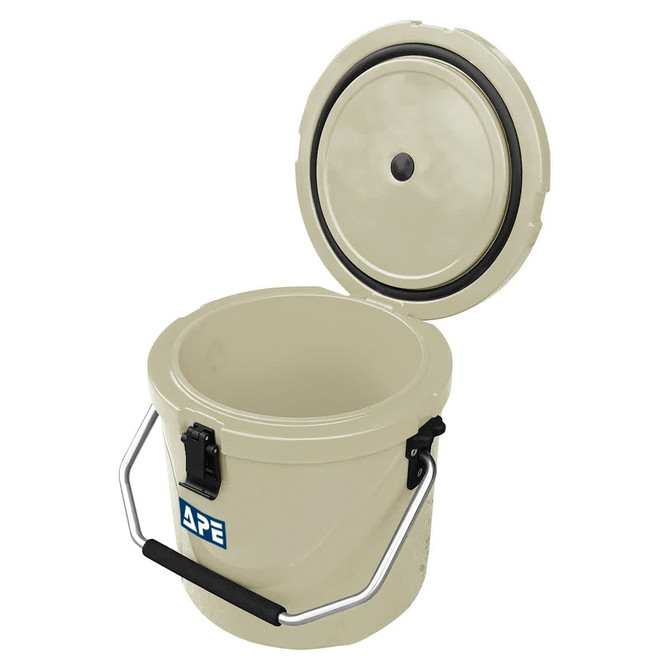 A 12L ice bucket in beige, featuring a handle, lid, and a logo on the side.