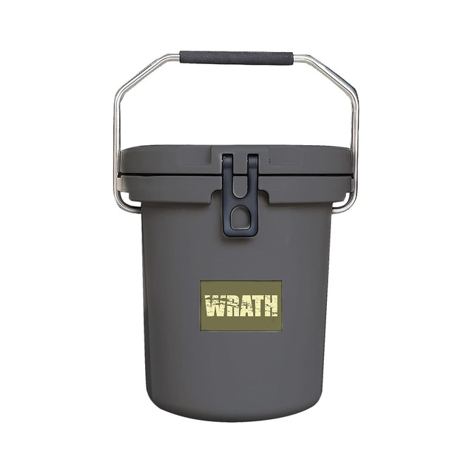 A grey 15L ice bucket with handle and a latch closure, featuring a logo on the front.
