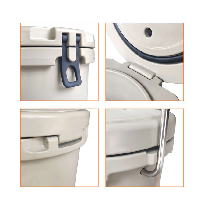 A cream-coloured ice bucket with a handle and secure lid, featuring a logo and multiple close-up views of its design.