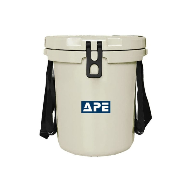 A 15L cream ice bucket with a black rope handle and a logo on the front.