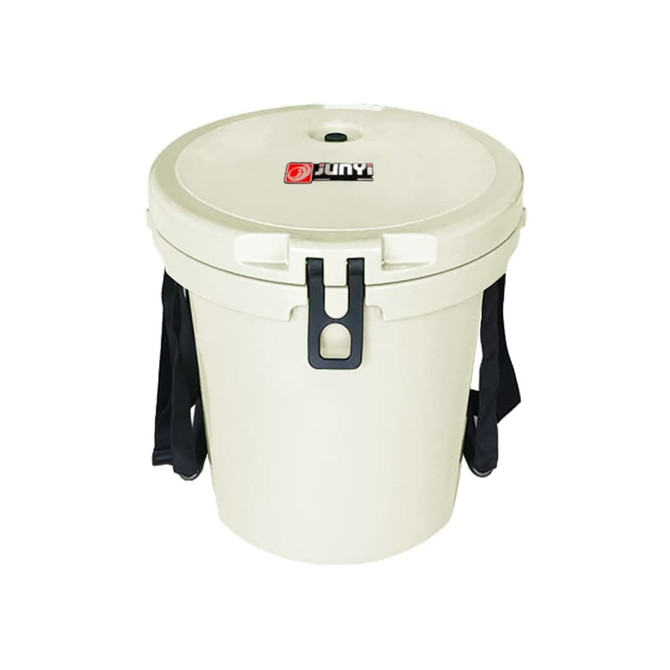 A light cream ice bucket with a black handle and a lid, featuring a logo on the top.