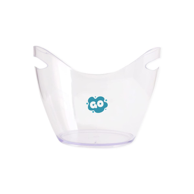A clear ice bucket with a rounded design and handles, featuring a colourful logo.