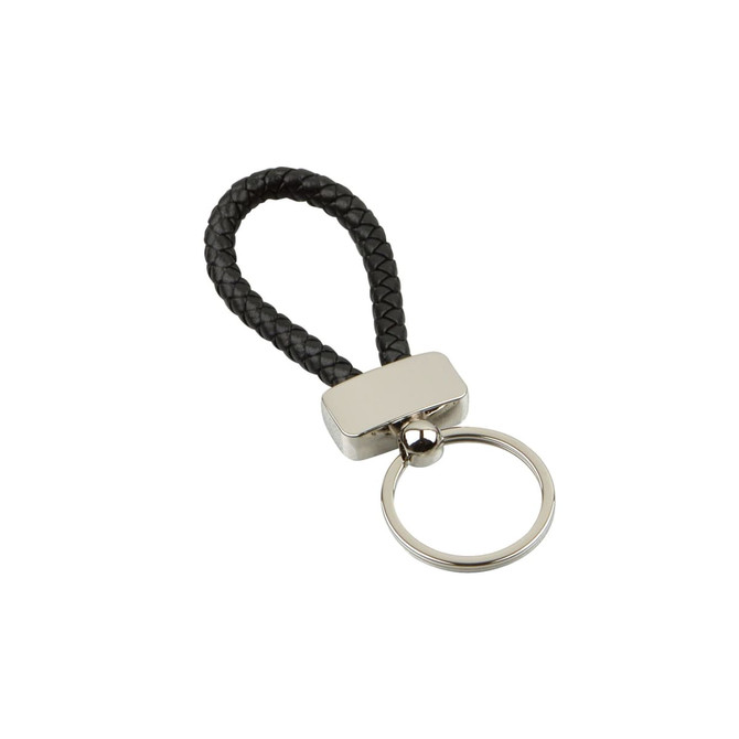 A metal keyring tag with a braided black strap and a shiny silver attachment. It features a logo.