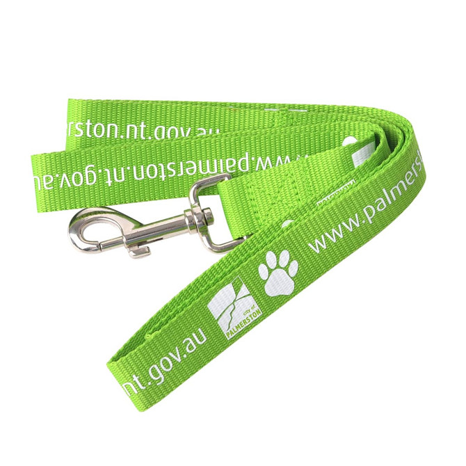 A vibrant green polyester dog leash featuring a metal clip and a branding logo.
