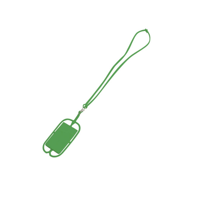 A green phone holder with a silicone lanyard, featuring a slot for the device and a durable strap.