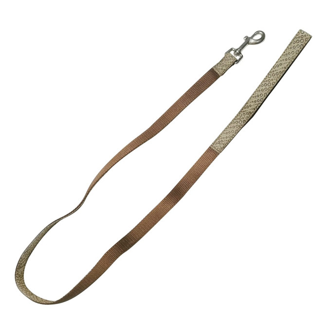 A detailed woven dog leash in brown and cream, featuring a sturdy clip and an integrated handle.