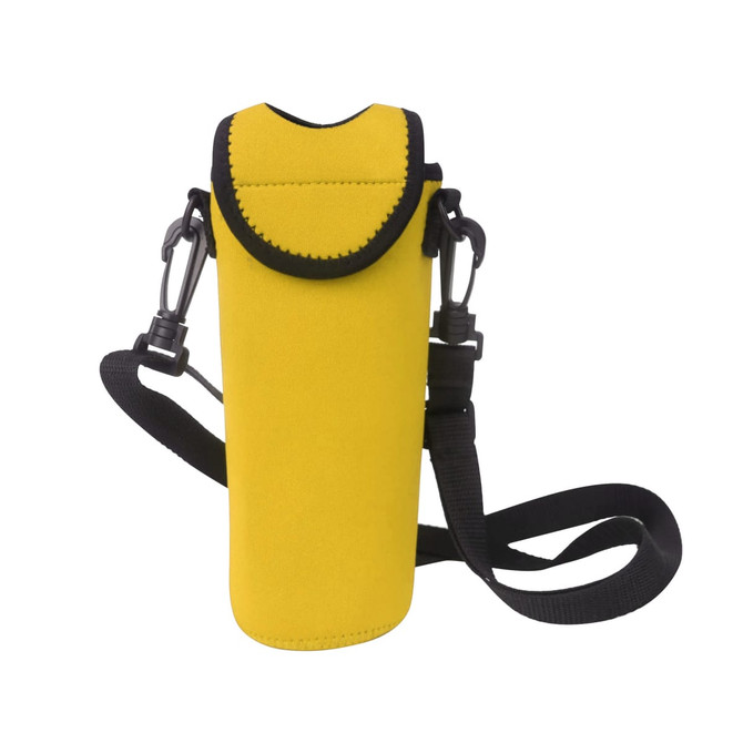 A drink bottle cooler in bright yellow with a black strap and fastening, featuring a logo.