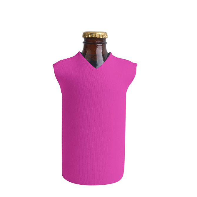 A drink bottle cooler in bright pink, designed with a V-neck shape and featuring a logo.