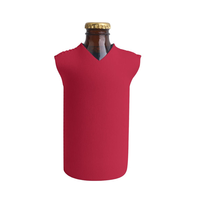 A drink bottle is wrapped in a vibrant red cooler with a v-neck design and ribbed texture. It features a logo.
