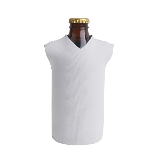 A drink bottle cooler in white, resembling a sleeveless top, with a bottle partially exposed at the top.
