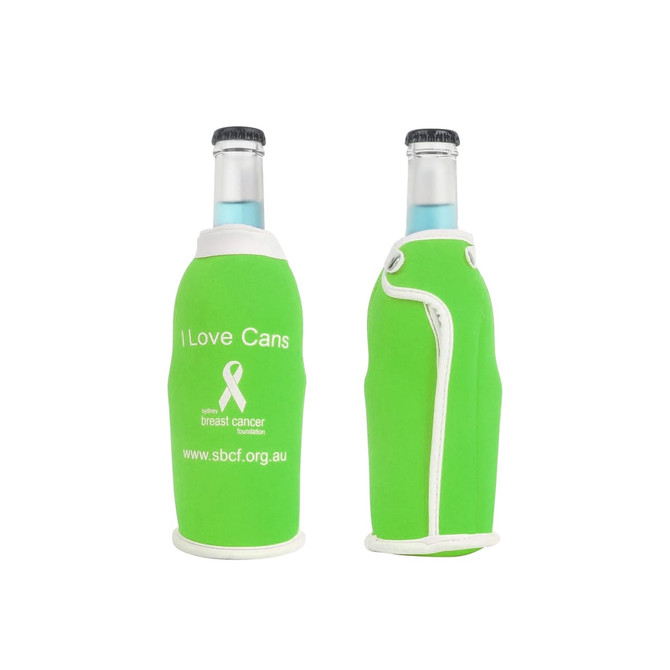 A drink bottle cooler in bright green, featuring a rounded design with a logo and white trim.