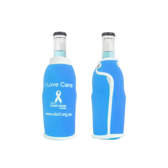 A drink bottle cooler in bright blue with a white trim and a logo, designed to fit standard bottles.