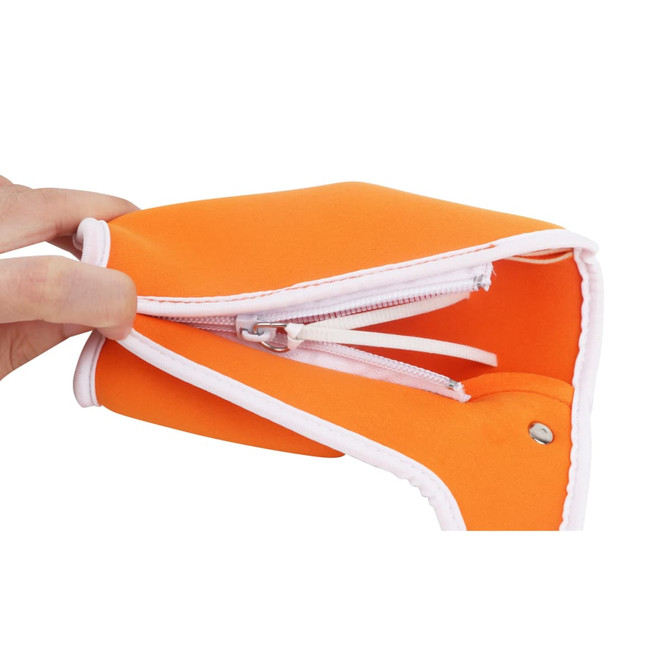 An orange bottle cooler with a zip closure, featuring a white trim and a hand holding it.
