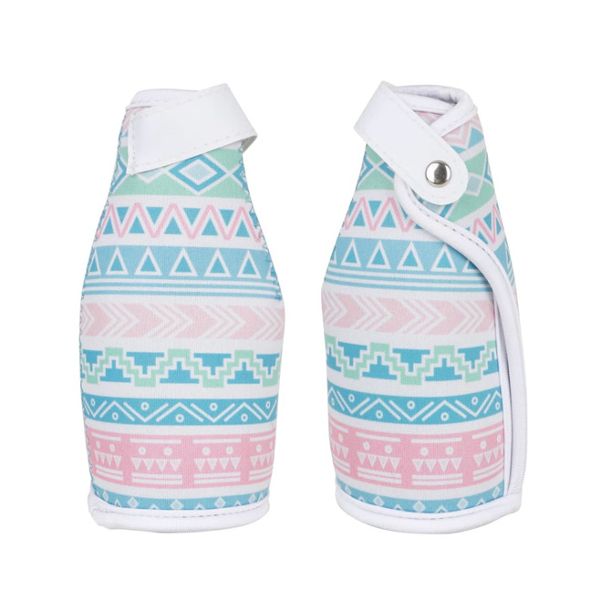 A drink bottle cooler featuring a pastel geometric pattern in pink, blue, and white, with a fastening strap and logo.