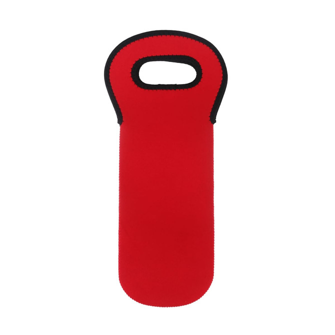 A drink bottle cooler in bright red with a handle, featuring a black border and a branding logo.