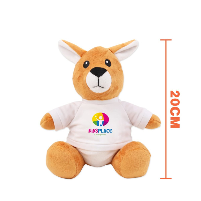 A 20cm plush kangaroo with a white T-shirt featuring a logo. The toy is in shades of light brown and cream.