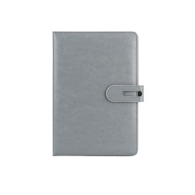 A grey PU notebook with a clasp closure, featuring a smooth textured surface and a logo on the cover.