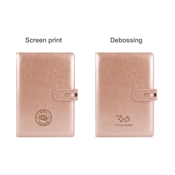 A textured, beige PU notebook with a clasp, featuring options for screen printing and debossing.