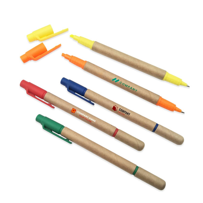 A collection of paper tube highlighters and pens in yellow, orange, blue, red, and green, featuring various branding.
