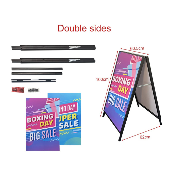 Metal A-frame signs in black with two graphic panels, displaying vibrant promotional designs. Includes assembly components.