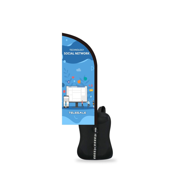 A feather backpack flag with a blue design, featuring a black holder and a logo.