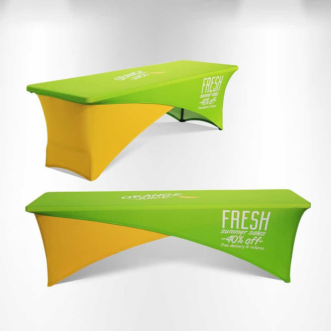 A green and yellow stretch table cloth designed for an 8ft table, featuring a logo.