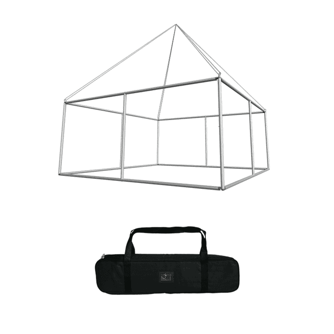 A square hanging banner frame in silver, accompanied by a black carrying bag.