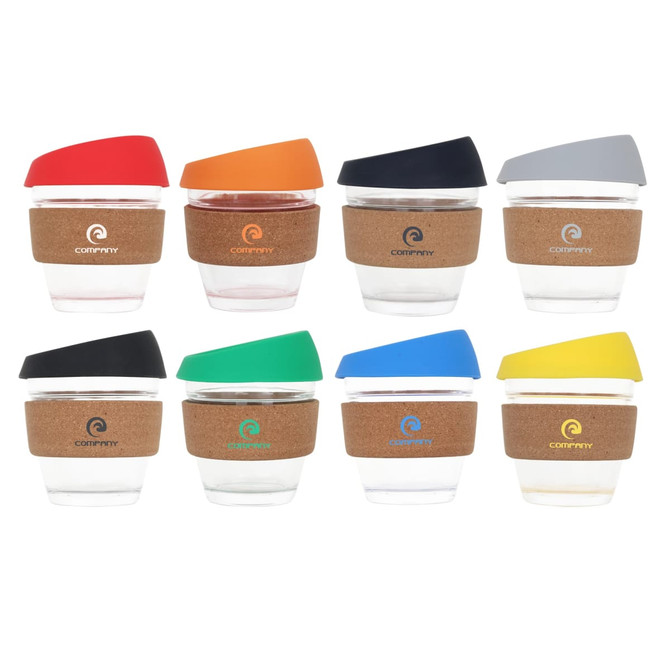 A collection of eight 8 oz reusable glass coffee cups with cork bands, featuring various coloured lids and a logo.